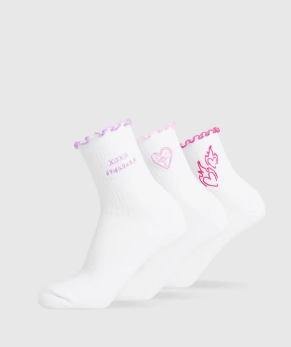 Gymshark Crew Socks*Frill Midi Sock 3pk White/SourPink/ActivePurple/WinningPink