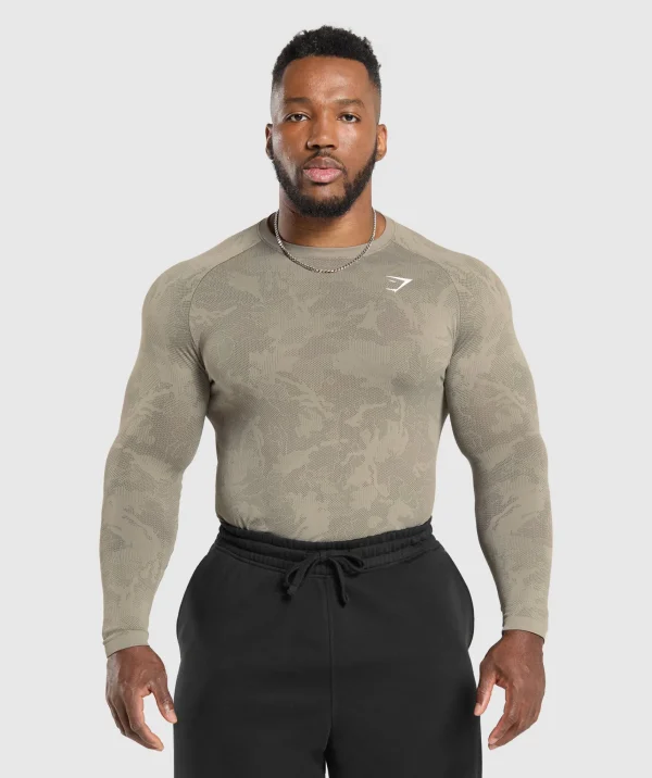 Gymshark T-shirts & Tops*Geo Seamless Long Sleeve T-Shirt LinenBrown/CamoBrown