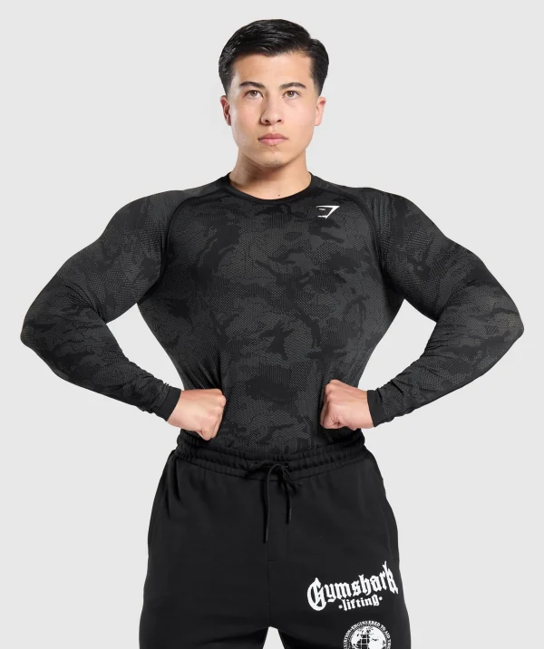 Gymshark T-shirts & Tops*Geo Seamless Long Sleeve T-Shirt Black/CharcoalGrey