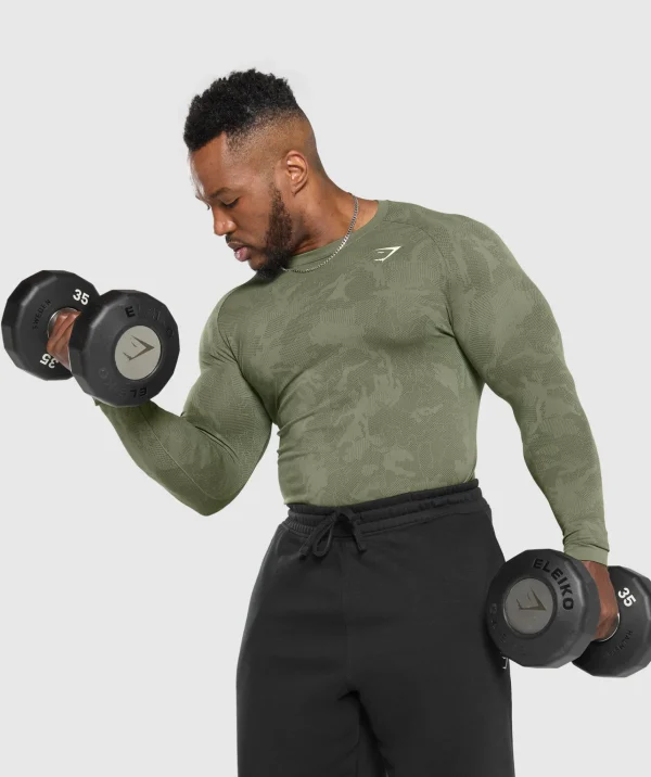 Gymshark T-shirts & Tops*Geo Seamless Long Sleeve T-Shirt CoreOlive/DeepOliveGreen