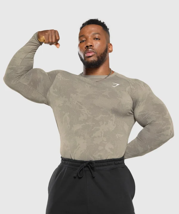 Gymshark T-shirts & Tops*Geo Seamless Long Sleeve T-Shirt LinenBrown/CamoBrown