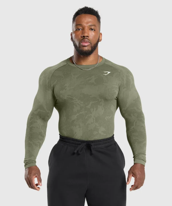 Gymshark T-shirts & Tops*Geo Seamless Long Sleeve T-Shirt CoreOlive/DeepOliveGreen