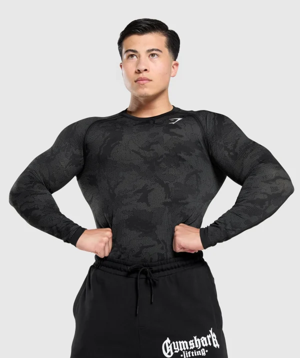 Gymshark T-shirts & Tops*Geo Seamless Long Sleeve T-Shirt Black/CharcoalGrey