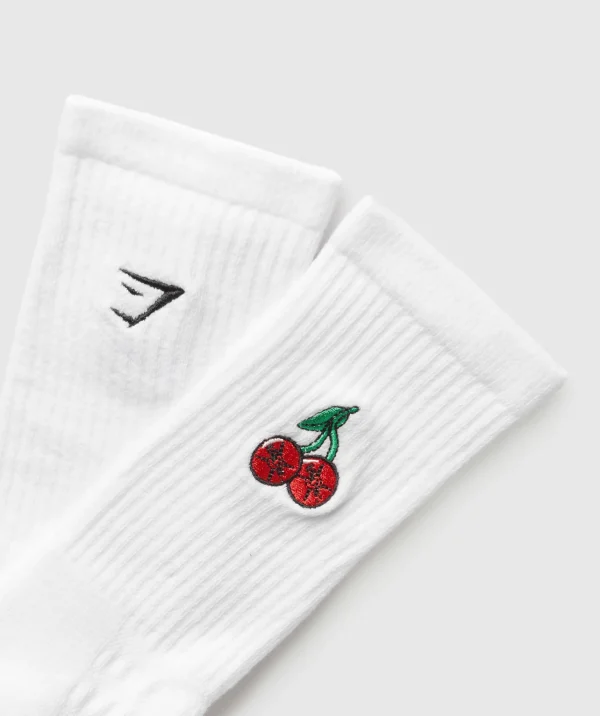 Gymshark Crew Socks*Graphic Cherries Crew Sock Single White