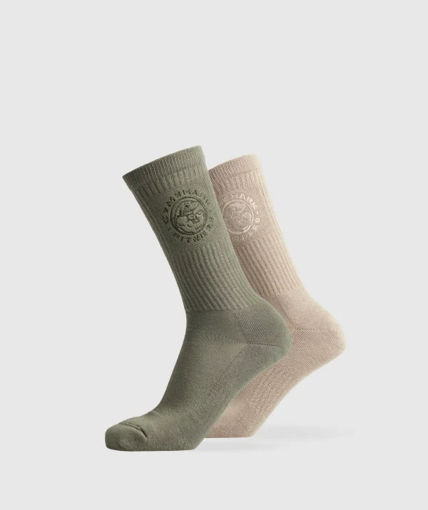 Gymshark Crew Socks*Legacy Crew 2pk CementBrown/BaseGreen