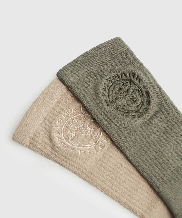 Gymshark Crew Socks*Legacy Crew 2pk CementBrown/BaseGreen