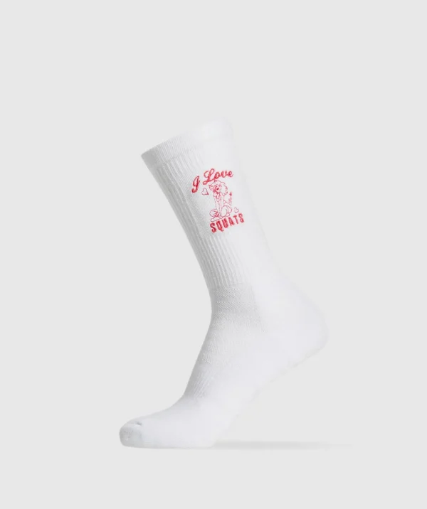 Gymshark Crew Socks*Love Squats Graphic Crew Sock Single White/JamzRed