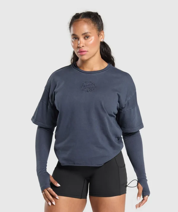 Gymshark T-shirts & Tops*Premium Legacy Washed 2-in-1 Long Sleeve HeavyBlue