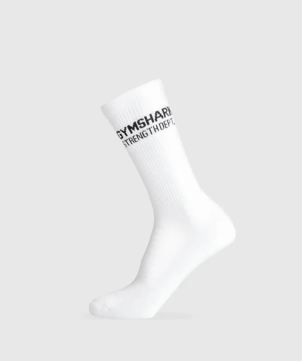 Gymshark Crew Socks*Strength Dept. Graphic Crew Socks White